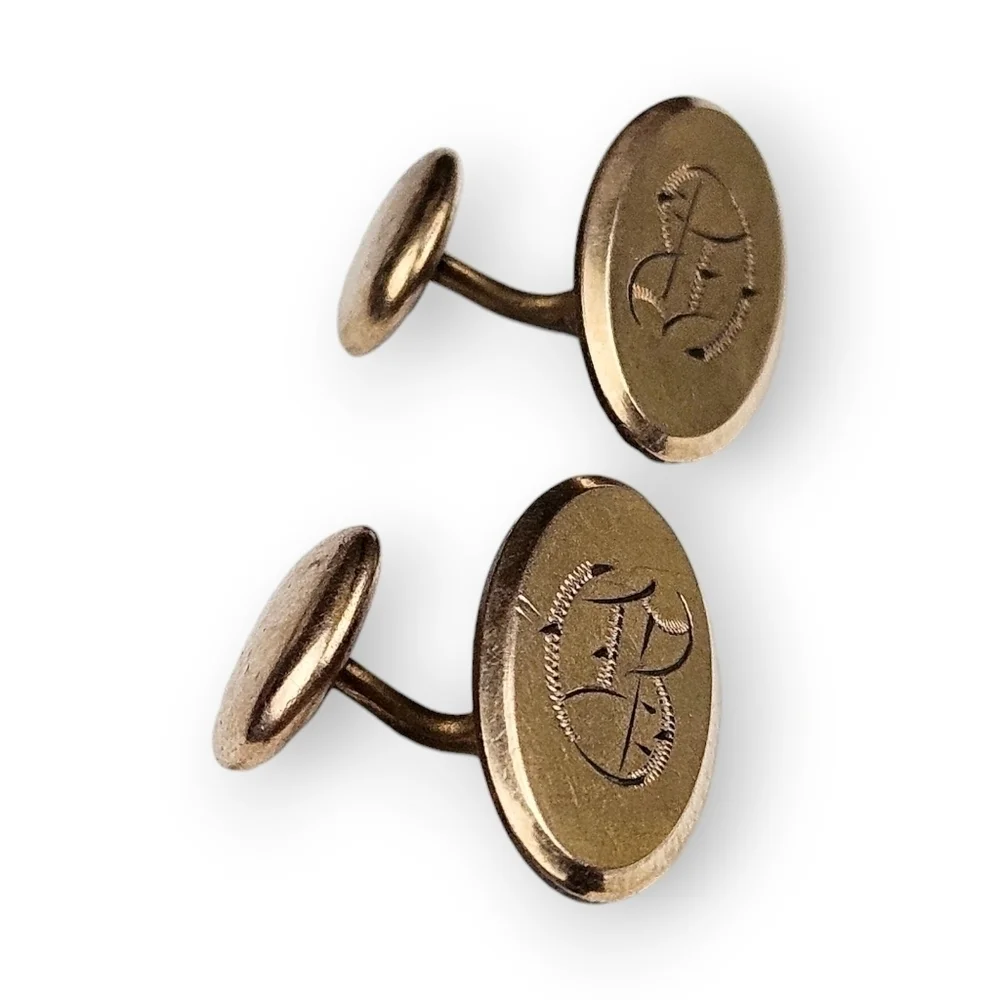 Antique Edwardian Cufflinks G Initial Monogram Gold Fill Oval Bean Back Pebon